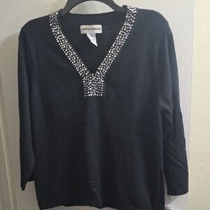 Cathy Daniels Black V-Neck Sweater with Silver Stud Detailing Size L